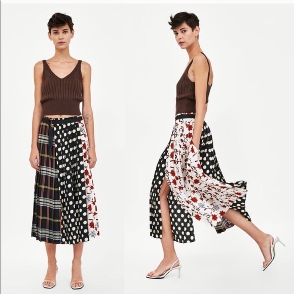 NWT Zara Patchwork Pleated Midi Skirt Size XS - Picture 1 of 12